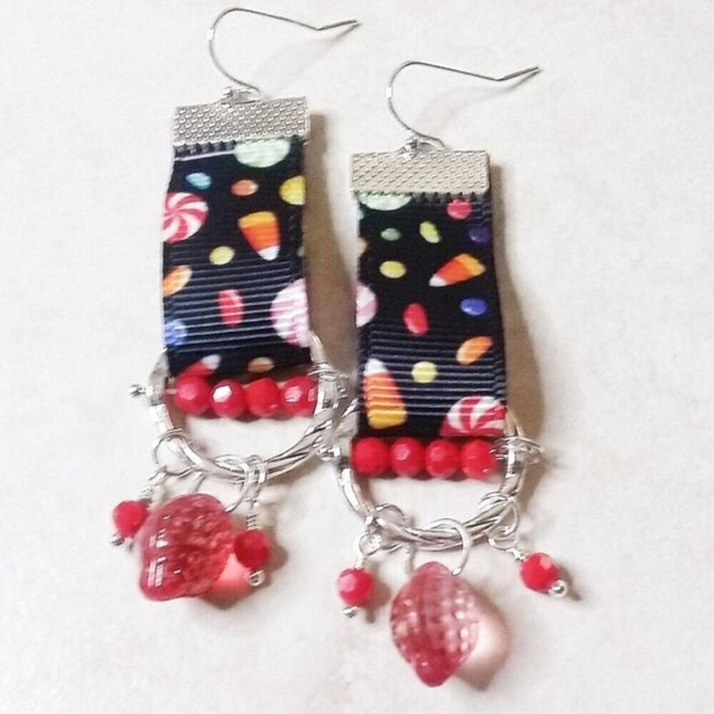 Hand Crafted Black Ribbon Earrings with Red Beads and Multicolor Candy Dots